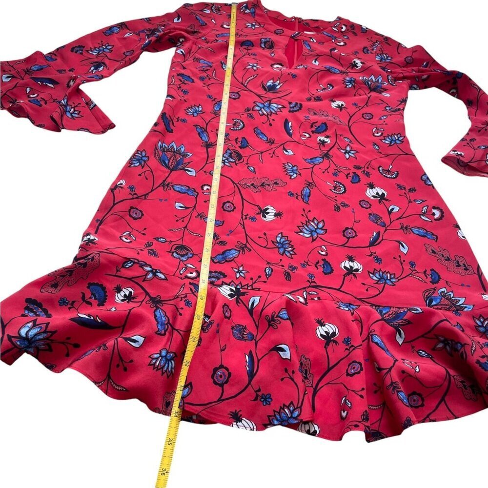 Shoshanna Red & Blue Floral Print Ruffle Bell Sleeve Silk Mini Dress SZ 2 - Picture 4 of 8